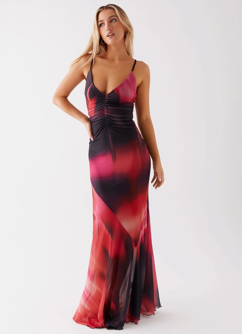 Peppermayo Charley Ruched V-Neck Maxi Dress Abstract Red Black Size 0